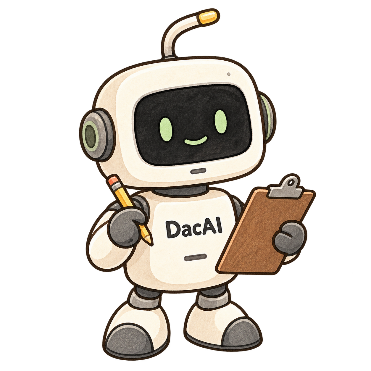 拿着记录板和铅笔的 DacAI,陪着整理实践记录