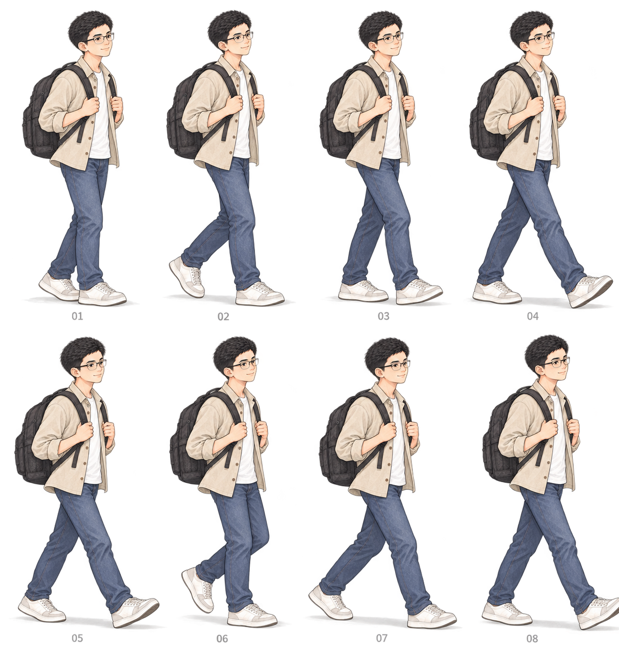 未采用的 Zack walking 八帧尝试,腿部关系没有形成自然循环